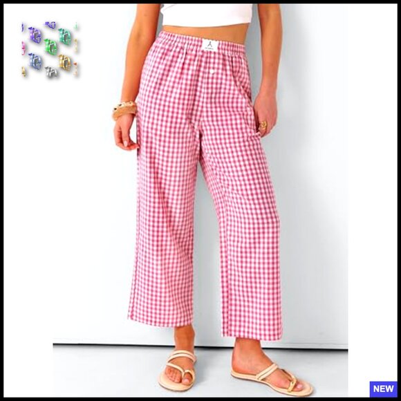 Striped Gingham Palazzo Pants Wide Leg Cropped Lounge Pajama Bottoms with - Picture 2 of 7